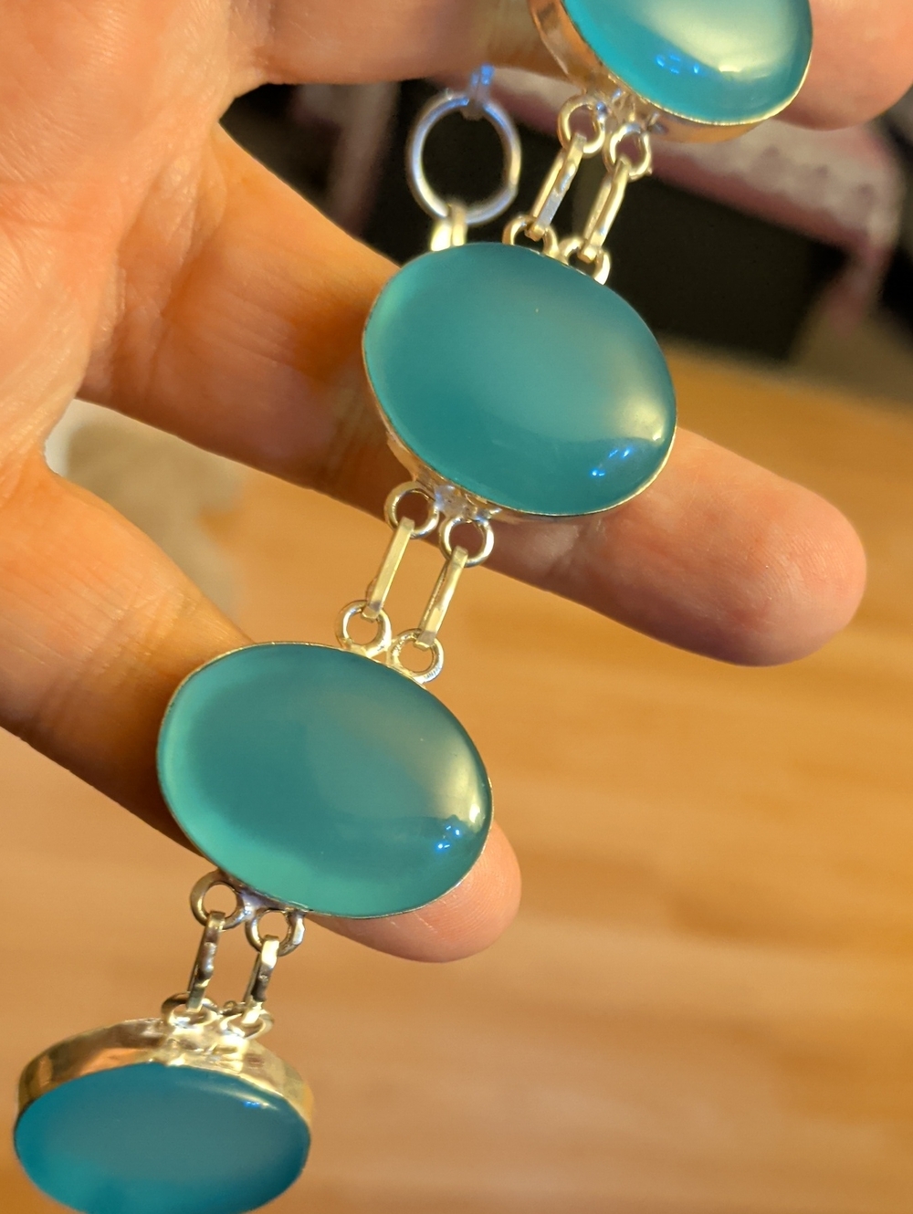 Synthetic Blue Chalcedony Oval Cabochons Silver Plated Adjustable Bracelet
